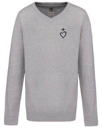 Pull garçon Augustin brodé coeur Jésus Caritas gris