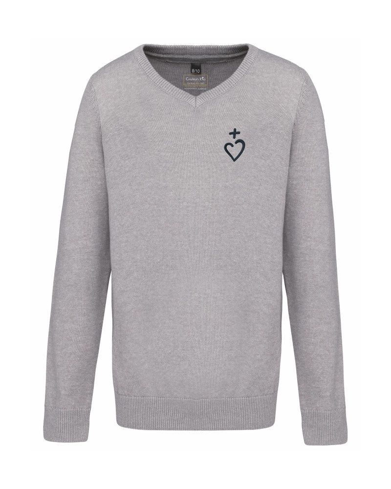 Pull garçon Augustin brodé coeur Jésus Caritas gris