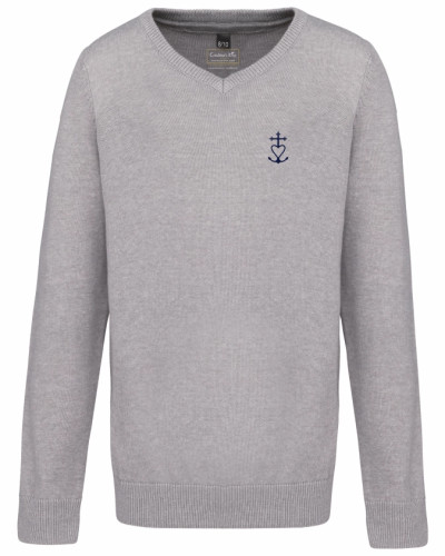 Pull garçon Jean Marie Vianney brodé croix de méditerranée gris