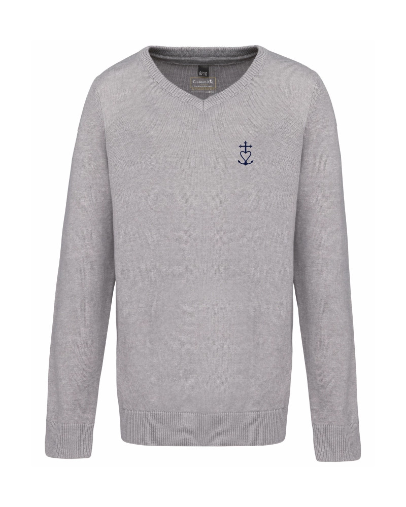 Pull garçon Jean Marie Vianney brodé croix de méditerranée gris