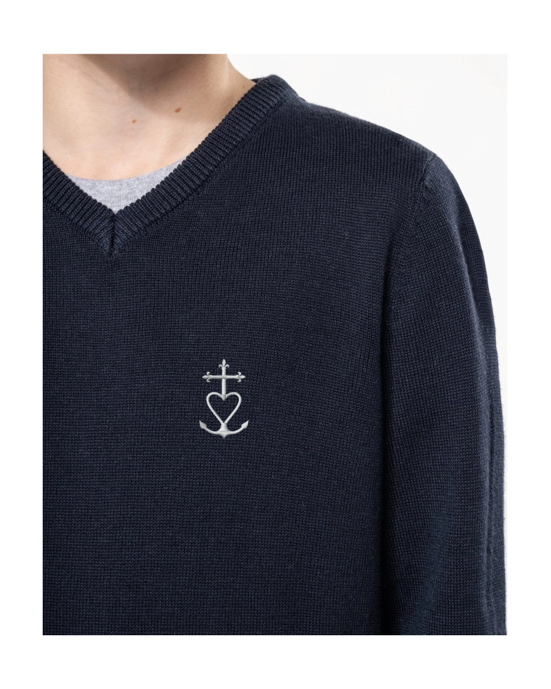 Pull garçon Jean Marie Vianney brodé croix de méditerranée marine