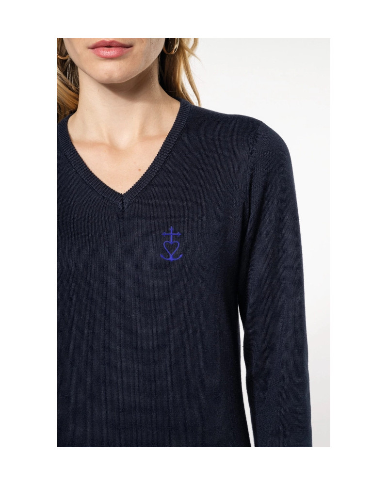 Pull femme Teresa brodé croix de méditerranée marine