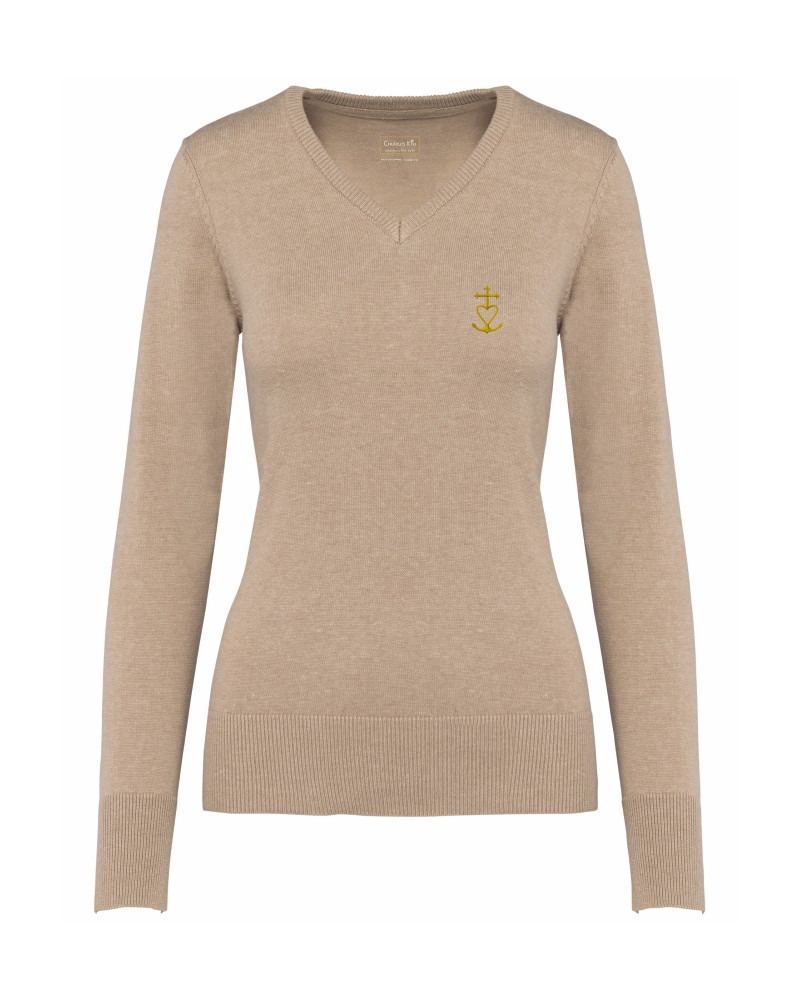 Pull femme Teresa brodé croix de méditerranée sable