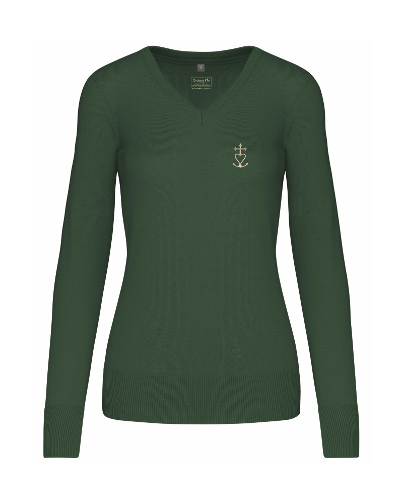Pull femme Teresa brodé croix de méditerranée vert forêt