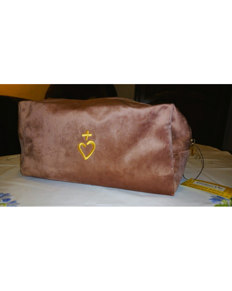 Trousse de toilette MARTA velours vieux rose brodée Jésus Caritas