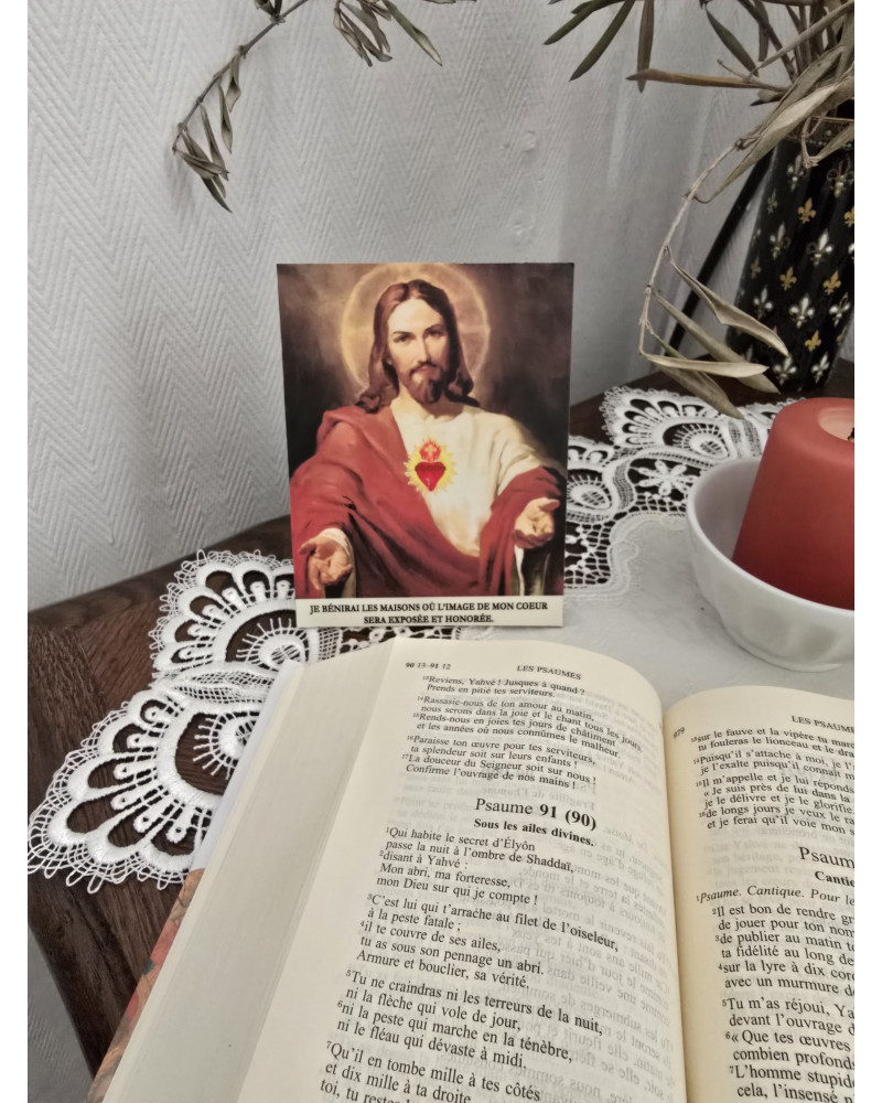 Petit cadre bois Sacré Coeur de Jésus avec coeur en relief