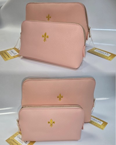 Pochette rose simili cuir GISELE brodée fleur de lys 2 tailles