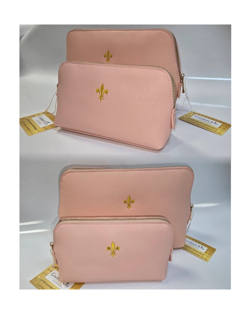 Pochette rose simili cuir GISELE brodée fleur de lys 2 tailles